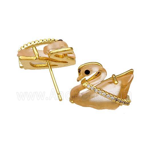 Copper Swan Stud Earrings Pave Acrylic Zirconia Gold Plated