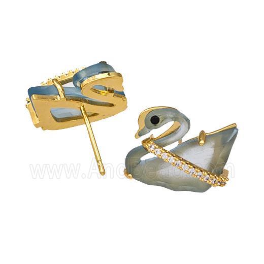 Copper Swan Stud Earrings Pave Acrylic Zirconia Gold Plated