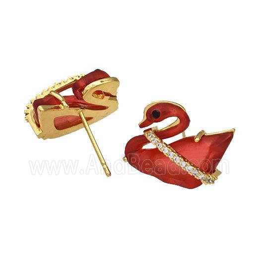 Copper Swan Stud Earrings Pave Red Acrylic Zirconia Gold Plated