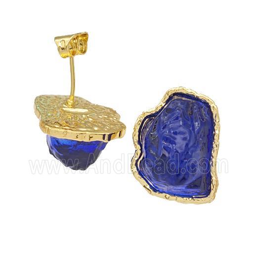 Copper Stud Earrings Pave Blue Acrylic Mountain Gold Plated