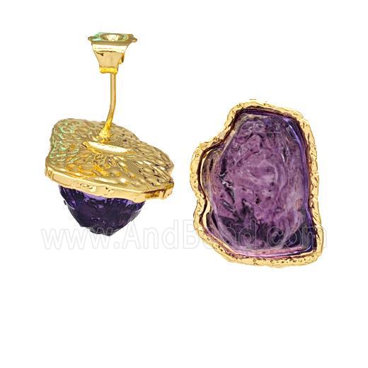 Copper Stud Earrings Pave Purple Acrylic Mountain Gold Plated