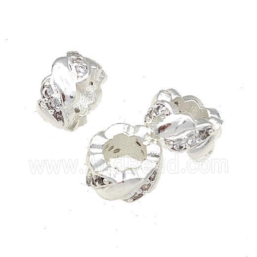 Copper Rondelle Beads Pave Zircon Large Hole Shiny Silver Plated