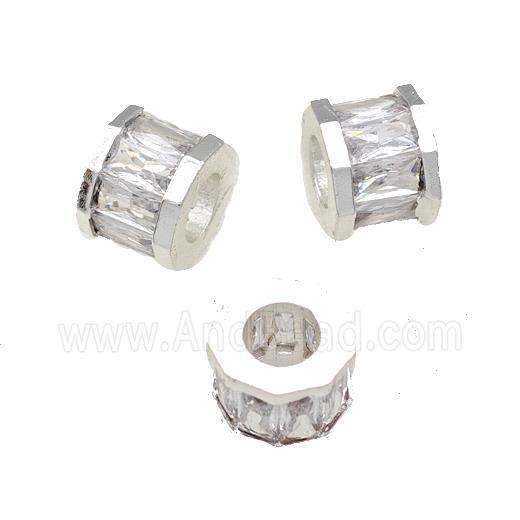Copper Tube Beads Pave Zircon Large Hole Shiny Silver Plated