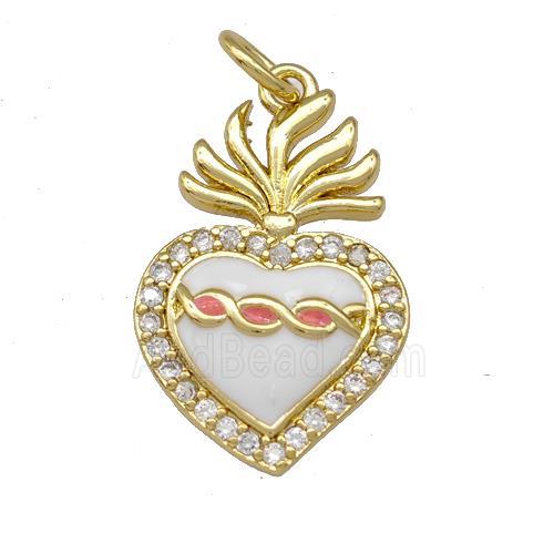 Copper Heart Pendant Micro Pave Zirconia White Enamel Gold Plated