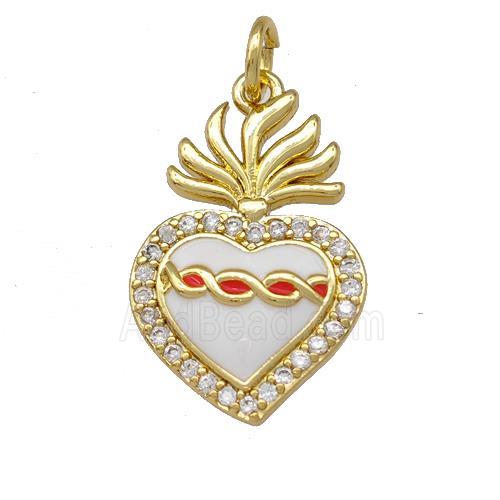 Copper Heart Pendant Micro Pave Zirconia White Enamel Gold Plated