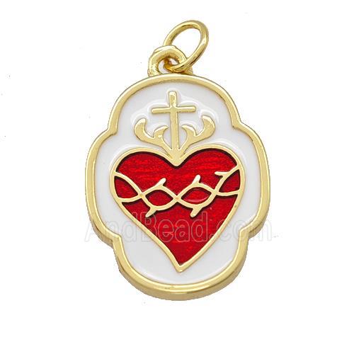 Copper Heart Pendant Red White Enamel Gold Plated