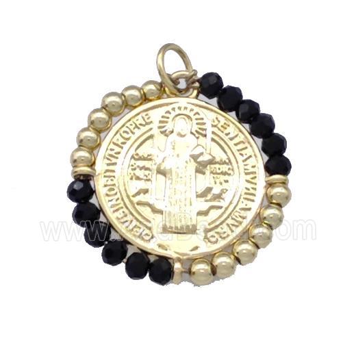 Jesus Charms Copper Circle Pendant With Black Crystal Glass Wrapped Gold Plated