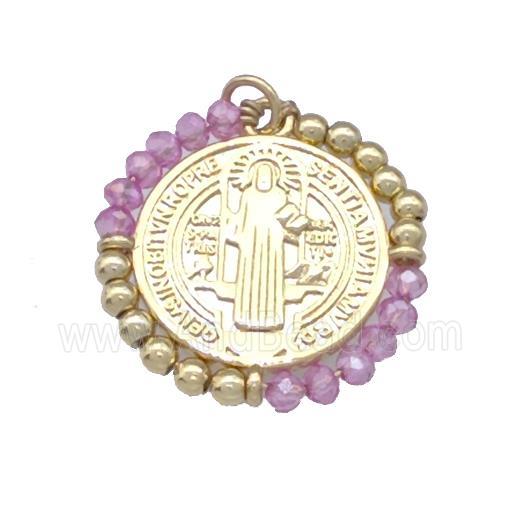 Jesus Charms Copper Circle Pendant With Lilac Crystal Glass Wrapped Gold Plated