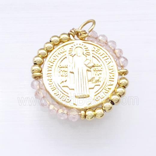 Jesus Charms Copper Circle Pendant With Clear Crystal Glass Wrapped Gold Plated