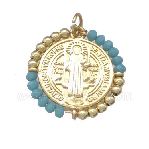 Jesus Charms Copper Circle Pendant With Green Crystal Glass Wrapped Gold Plated