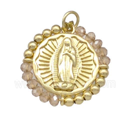 Virgin Mary Charms Copper Circle Pendant With Champagne Crystal Glass Wrapped Gold Plated