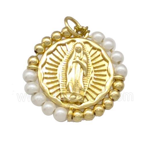 Virgin Mary Charms Copper Circle Pendant With Pearlized Glass Wrapped Gold Plated
