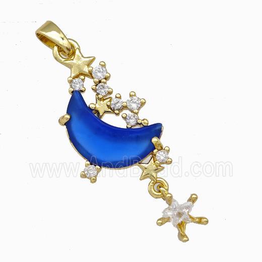 Copper Pendant Pave Zirconia Blue Crystal Glass Moon Gold Plated