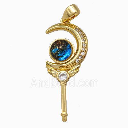 Copper Crescent Wand Charms Pendant Pave Zirconia