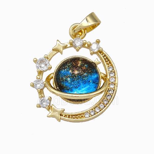 Copper Planet Moon Pendant Pave Zirconia Gold Plated