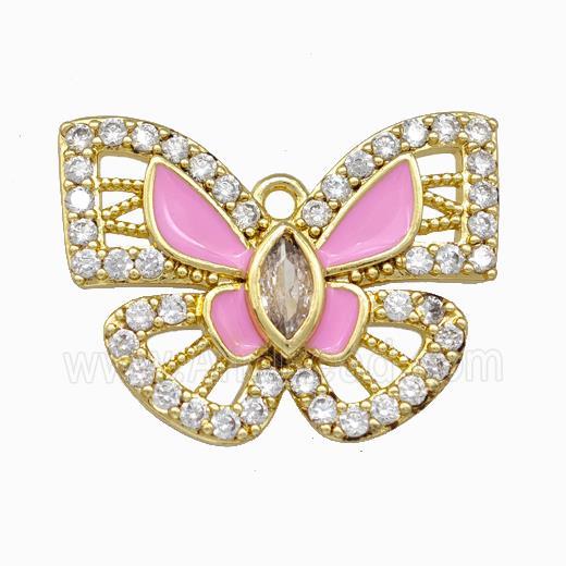 Copper Butterfly Pendant Pave Zirconia Pink Enamel Gold Plated
