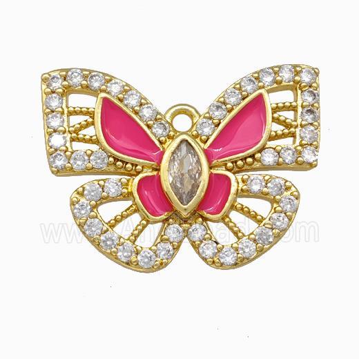 Copper Butterfly Pendant Pave Zirconia Hotpink Enamel Gold Plated