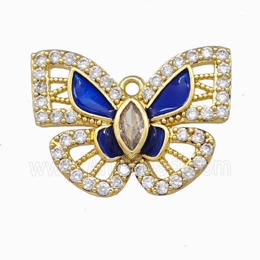 Copper Butterfly Pendant Pave Zirconia Blue Enamel Gold Plated