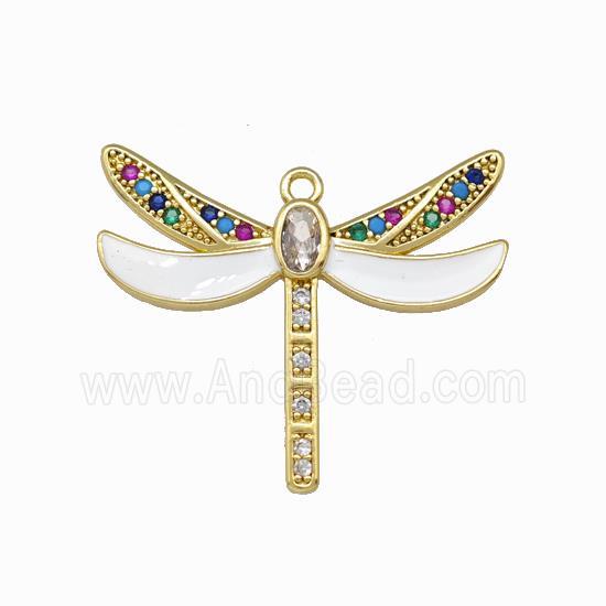 Copper Dragonfly Pendant Pave Zirconia White Enamel Gold Plated