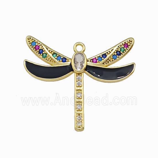 Copper Dragonfly Pendant Pave Zirconia Black Enamel Gold Plated