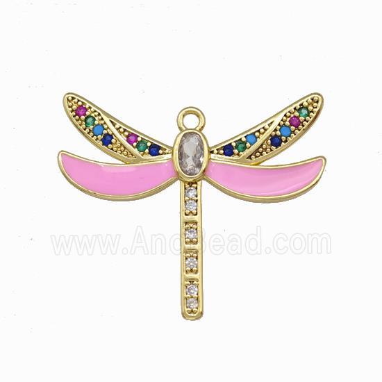Copper Dragonfly Pendant Pave Zirconia Pink Enamel Gold Plated