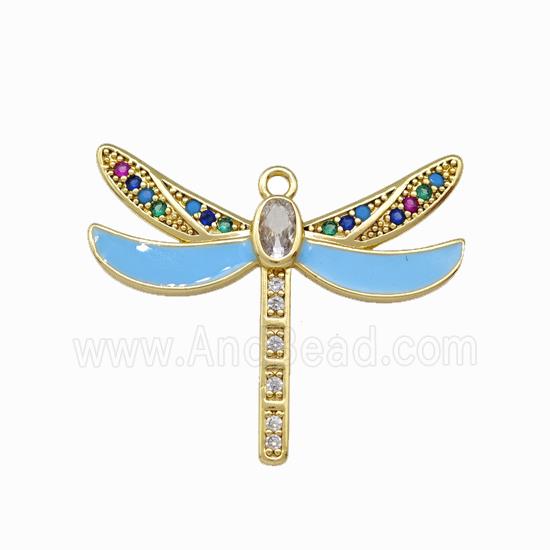Copper Dragonfly Pendant Pave Zirconia Blue Enamel Gold Plated
