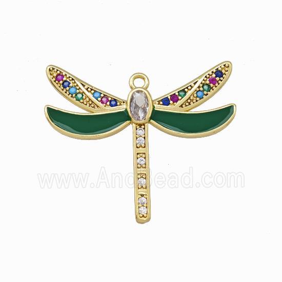 Copper Dragonfly Pendant Pave Zirconia Green Enamel Gold Plated