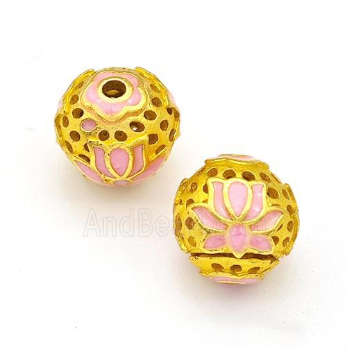Copper Round Beads Pink Painted Flower Hollow Gold Plated