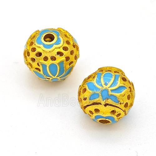 Copper Round Beads Blue Painted Flower Hollow Gold Plated