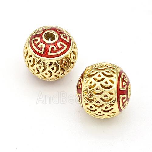 Copper Round Beads Red Painted Hollow Gold Plated