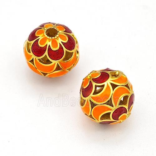 Copper Round Beads Orange Red Painted Hollow Gold Plated