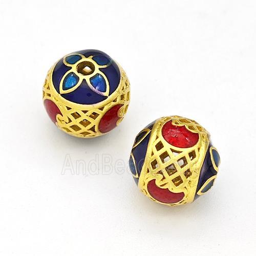 Copper Round Beads Multicolor Painted Hollow Gold Plated