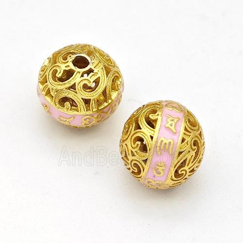 Copper Round Beads Pink Painted Buddhist Hollow Gold Plated