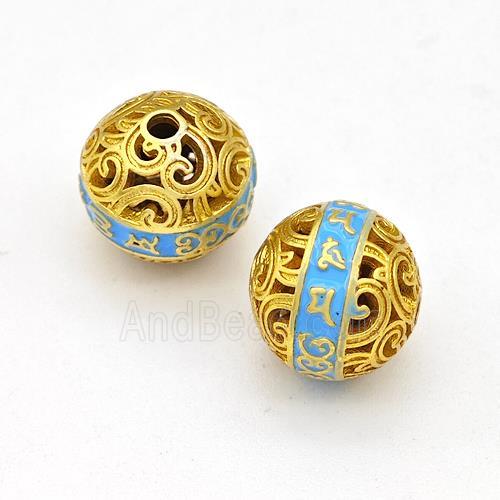 Copper Round Beads Blue Painted Buddhist Hollow Gold Plated