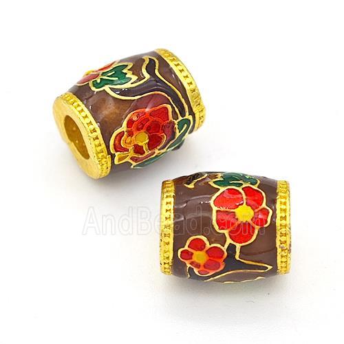 Copper Barrel Beads Multicolor Painted Flower Large Hole Gold Plated