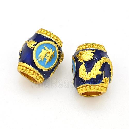 Copper Barrel Beads Blue Painted Dragon Large Hole Gold Plated