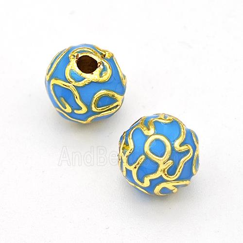 Copper Round Beads Blue Enamel Gold Plated