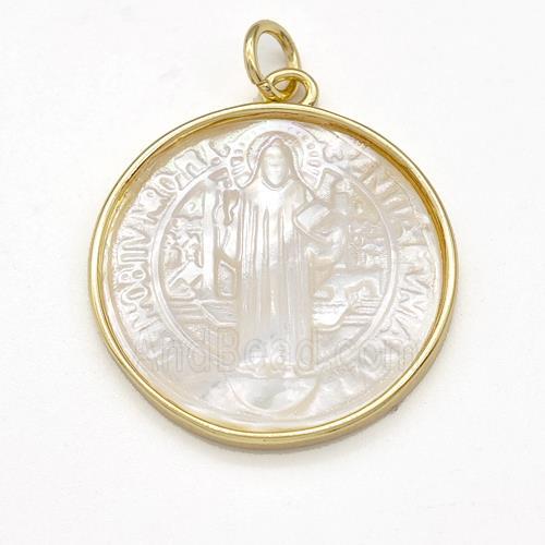 Jesus Charms Copper Circle Pendant Pave Shell Gold Plated