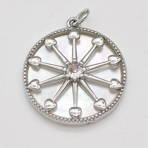 Copper Compass Pendant Pave Shell Zirconia Platinum Plated