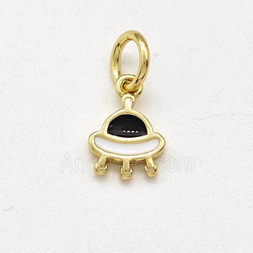Copper Spacership Pendant Black White Enamel Gold Plated