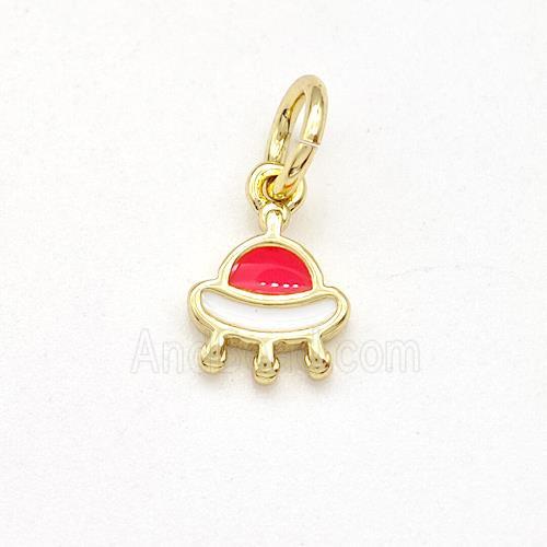 Copper Spacership Pendant Red White Enamel Gold Plated