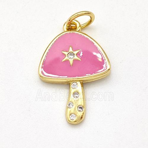 Copper Mushroom Pendant Pave Zirconia Pink Enamel Star Gold Plated