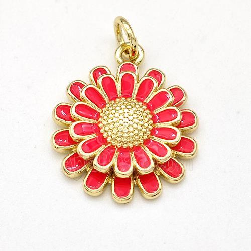 Copper Sunflower Pendant Red Enamel Gold Plated