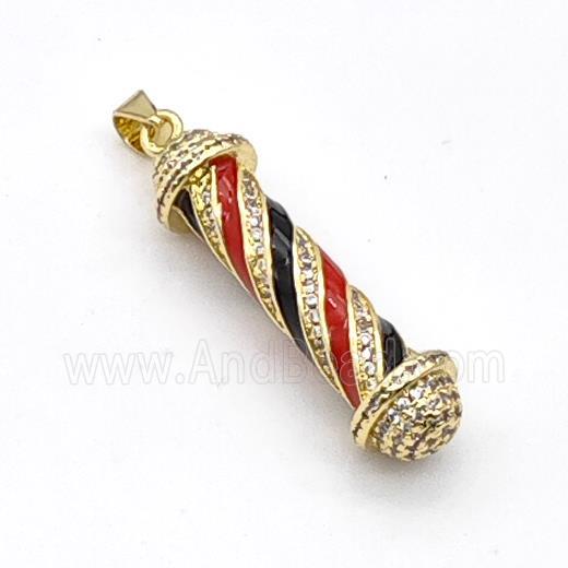 Barber Pole Charms Copper Stick Pendant Pave Zirconia Black Red Enamel Gold Plated