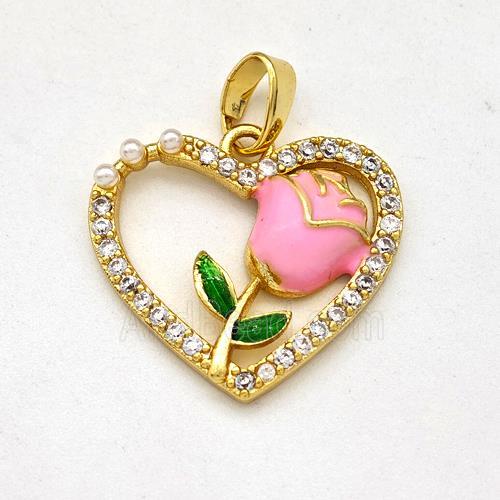Copper Heart Pendant Pave Zirconia Pink Enamel Flower Gold Plated