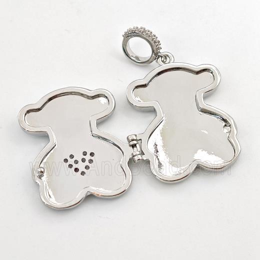 Copper Bear Locket Pendant Pave Zirconia Heart Teal Enamel Platinum Plated