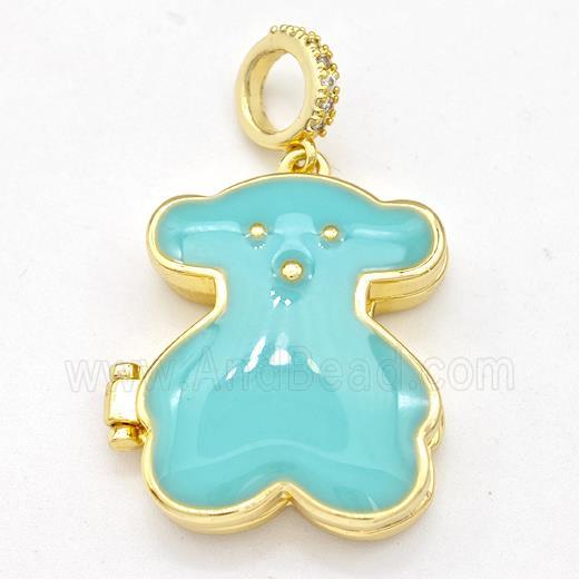 Copper Bear Locket Pendant Green Enamel Gold Plated