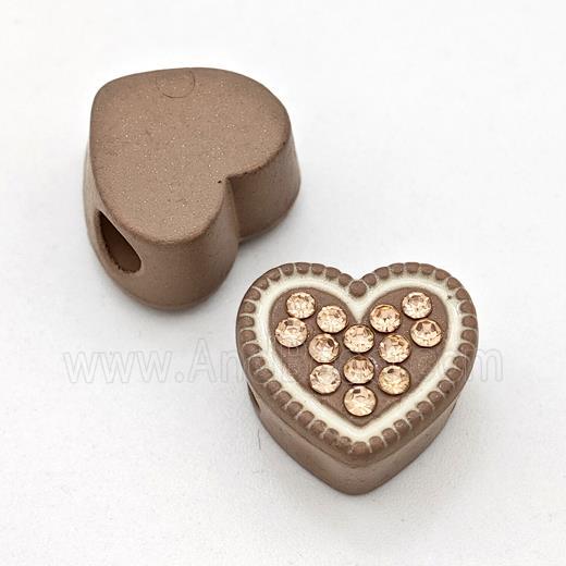 Coffee Resin Heart Micro Pave Rhinestone Large Hole