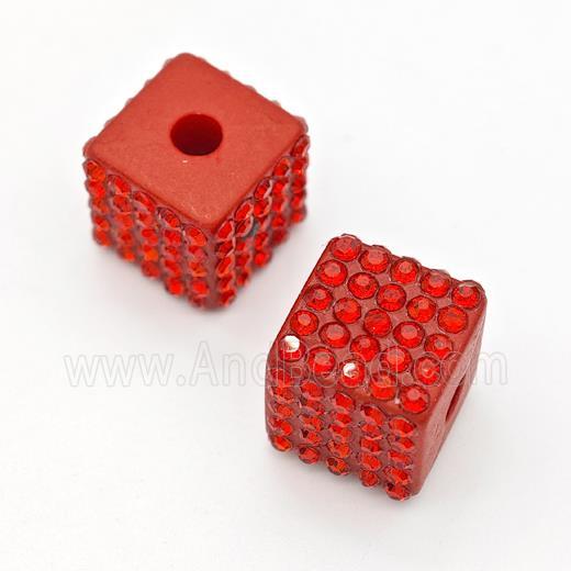 Red Resin Cube Beads Micro Pave Rhinestone Large Hole