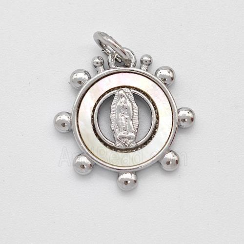 Virgin Mary Charms Copper Circle Pendant Pave Shell Platinum Plated